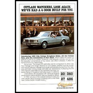 1980 Oldsmobile Cutlass Brougham Sedan Vintage Print Ad Train Station Wall Art